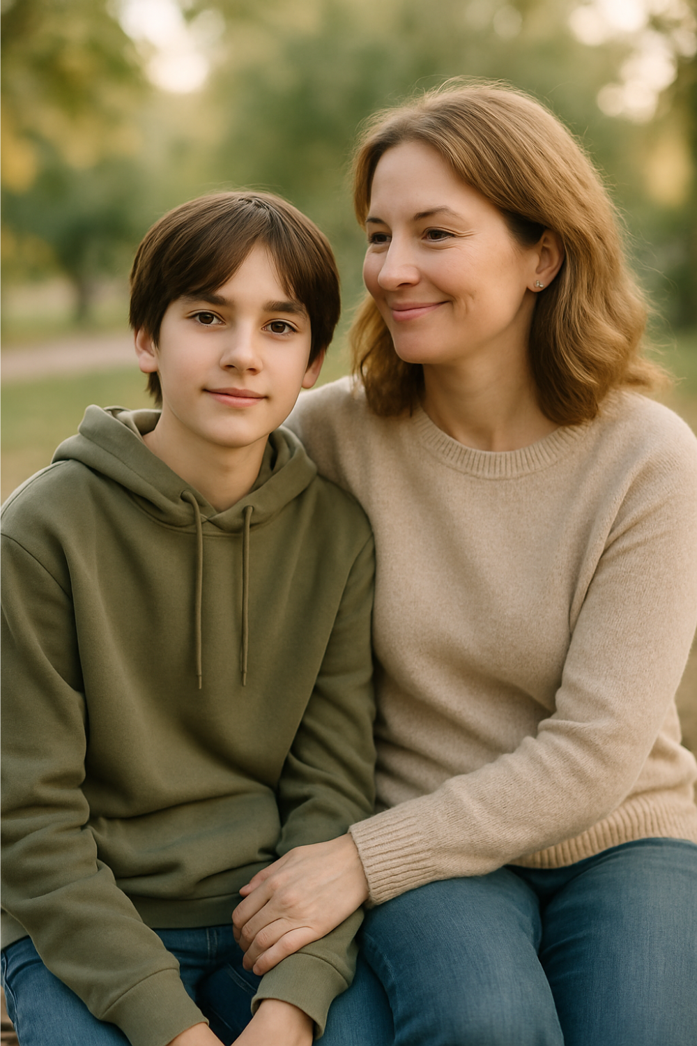 a mother and ten son sitting together outdoors