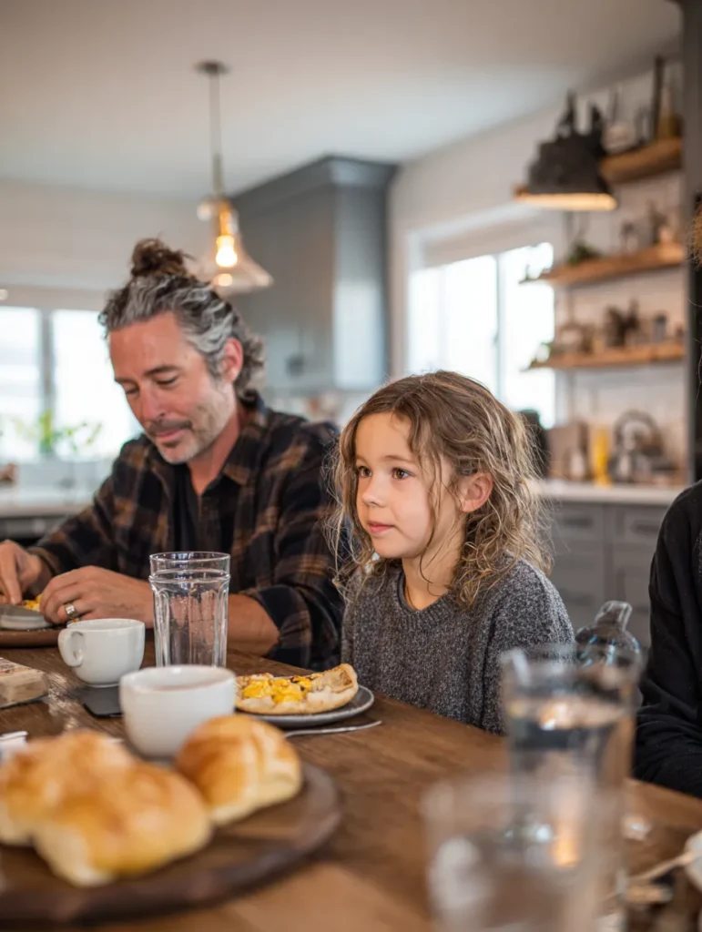 dad and little girl eating breakfast at a kitchen table