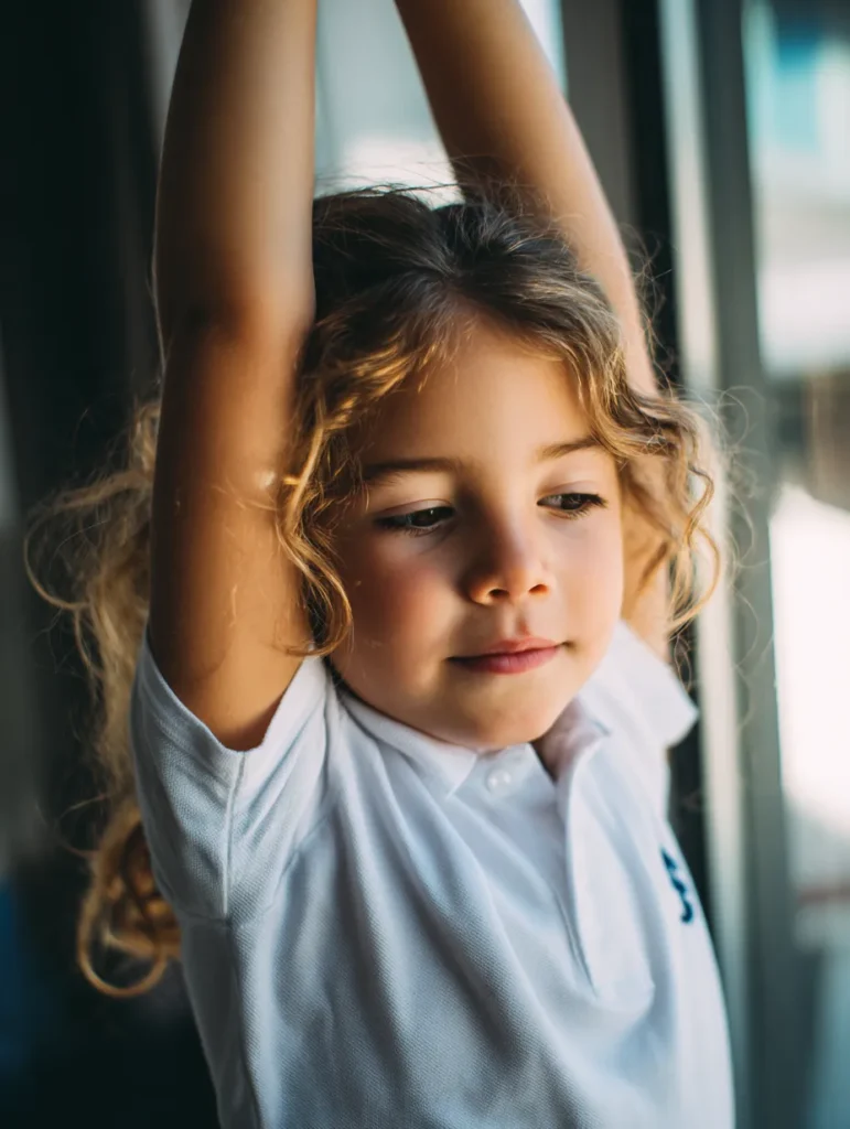 a little girl stretching her arms in the air