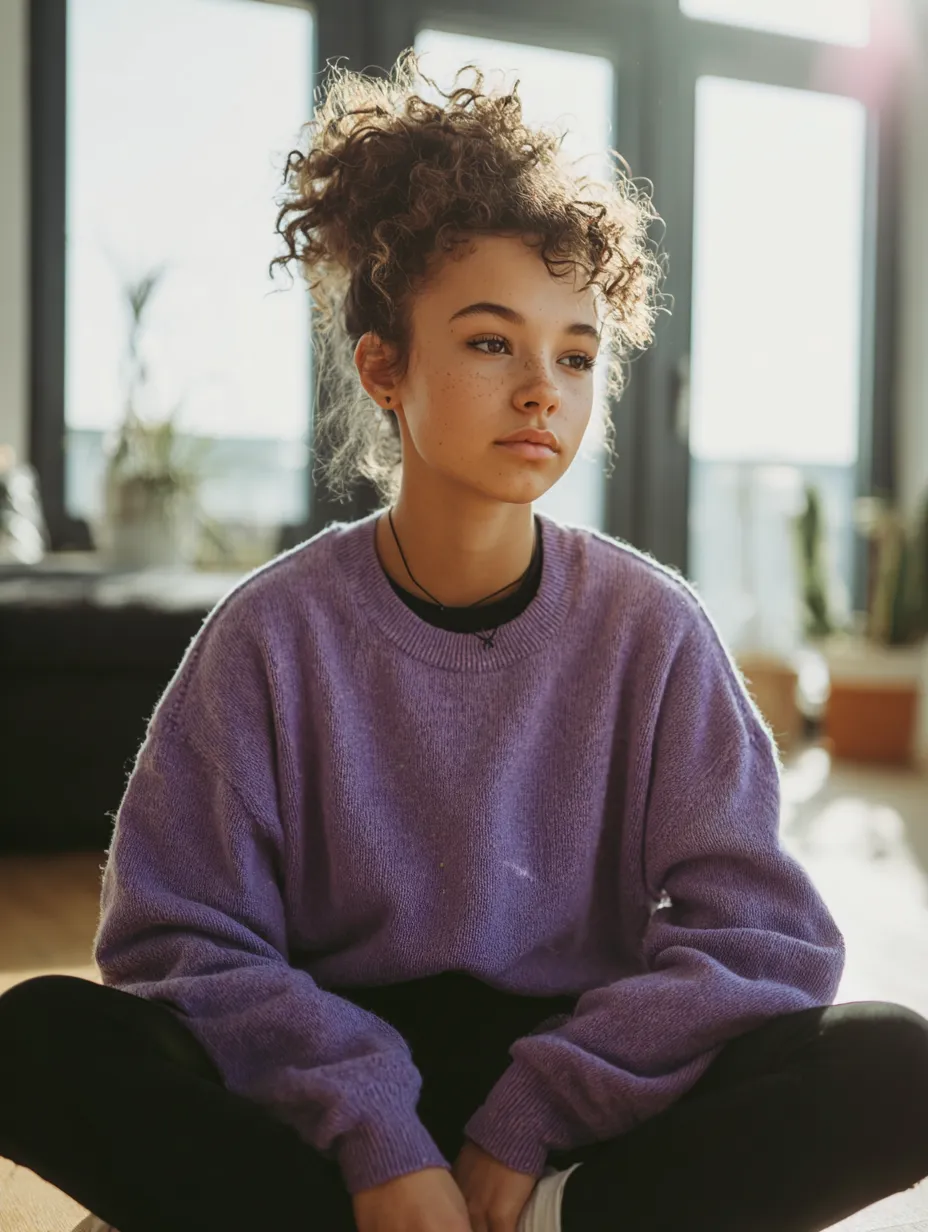 a teenage girl sitting on the floor of her home