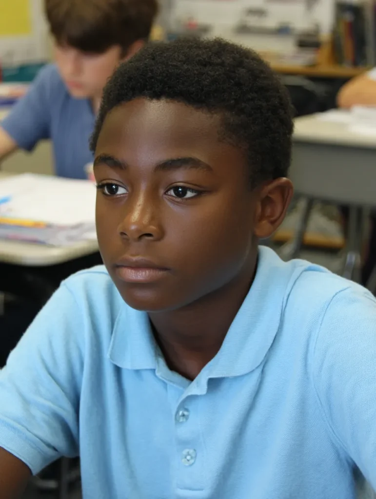 a schoolboy sitting at his desk in class