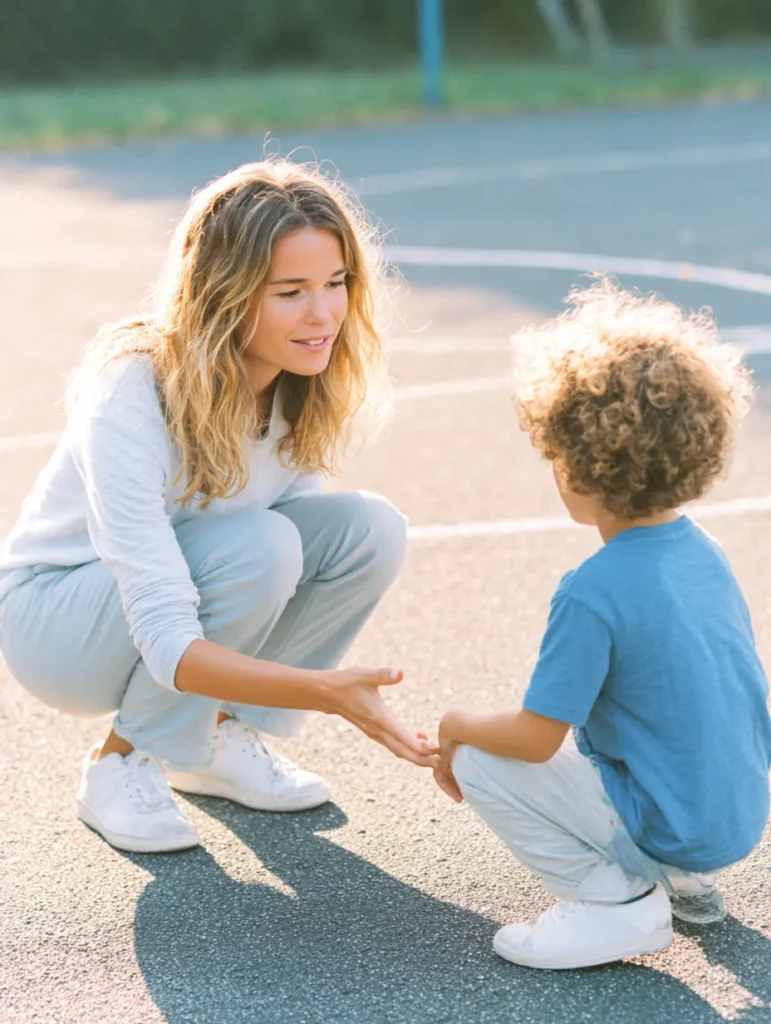 a boy crouching in the playground, his mother crouching next to him