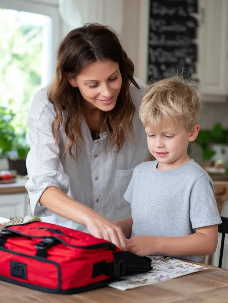 a little boy and his mother packing his school lunch in their kitchen