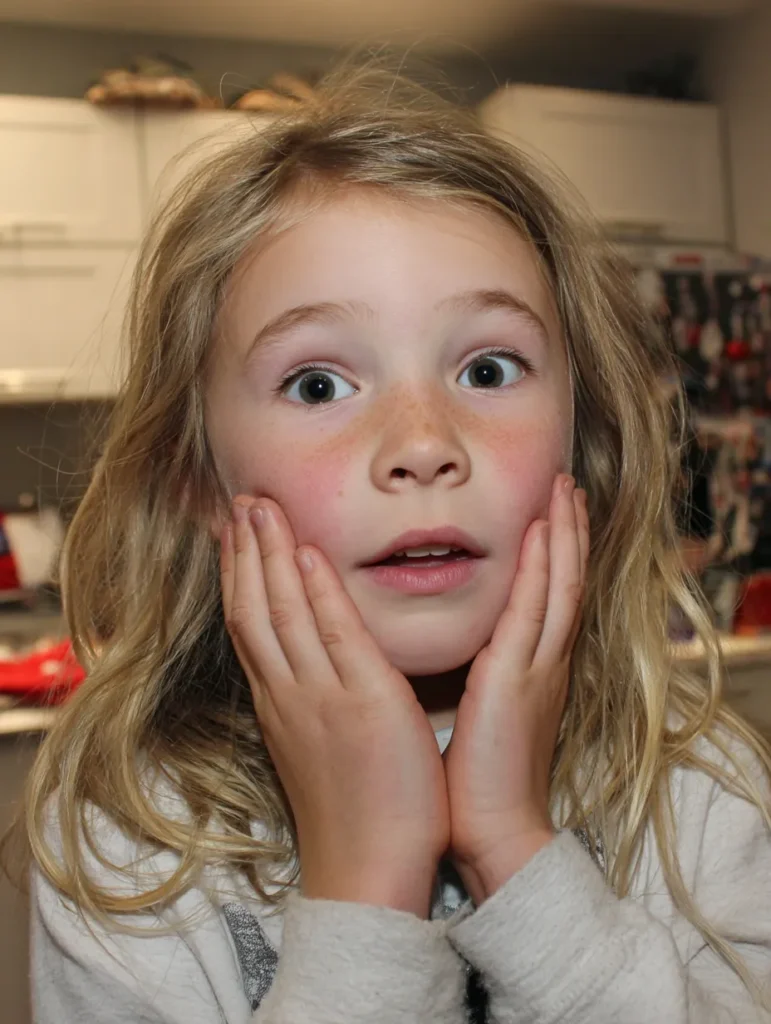 close up of a nine year old girl with a surprised face
