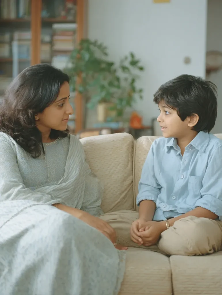 a mum and little boy chatting on their sofa