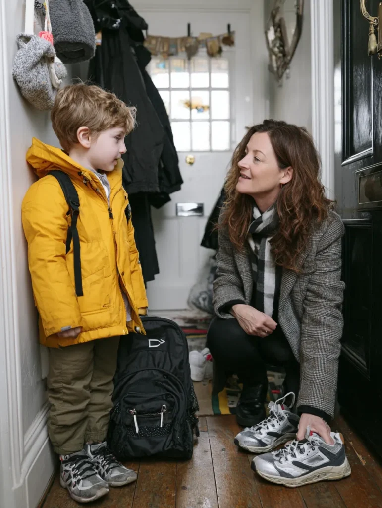 a mother helping her autistic little boy get ready to go out, by their front door