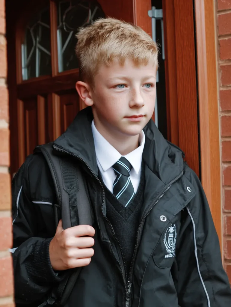 a young schoolboy leaving his house to walk to school