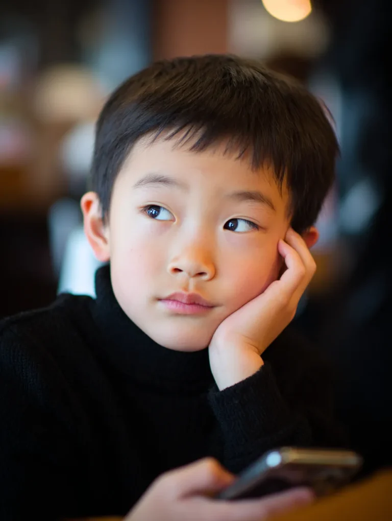 a serious little boy holding a pone and resting his head on one hand