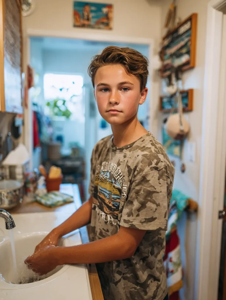 a teen boy washing his hands at home
