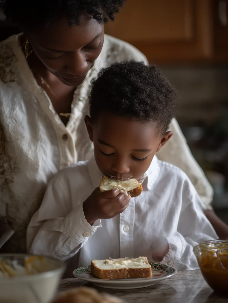 a little boy at the breakfast table eating bread and butter
