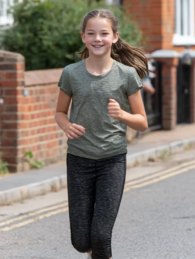 a happy teen girl jogging down a quiet street