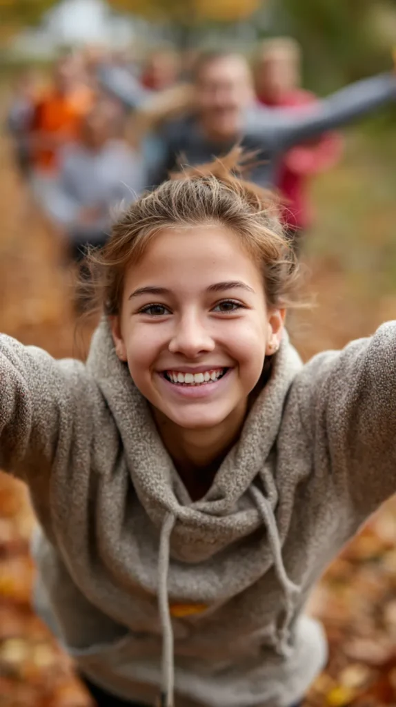 a teen girl taking a selfie whilst exercising outdoors