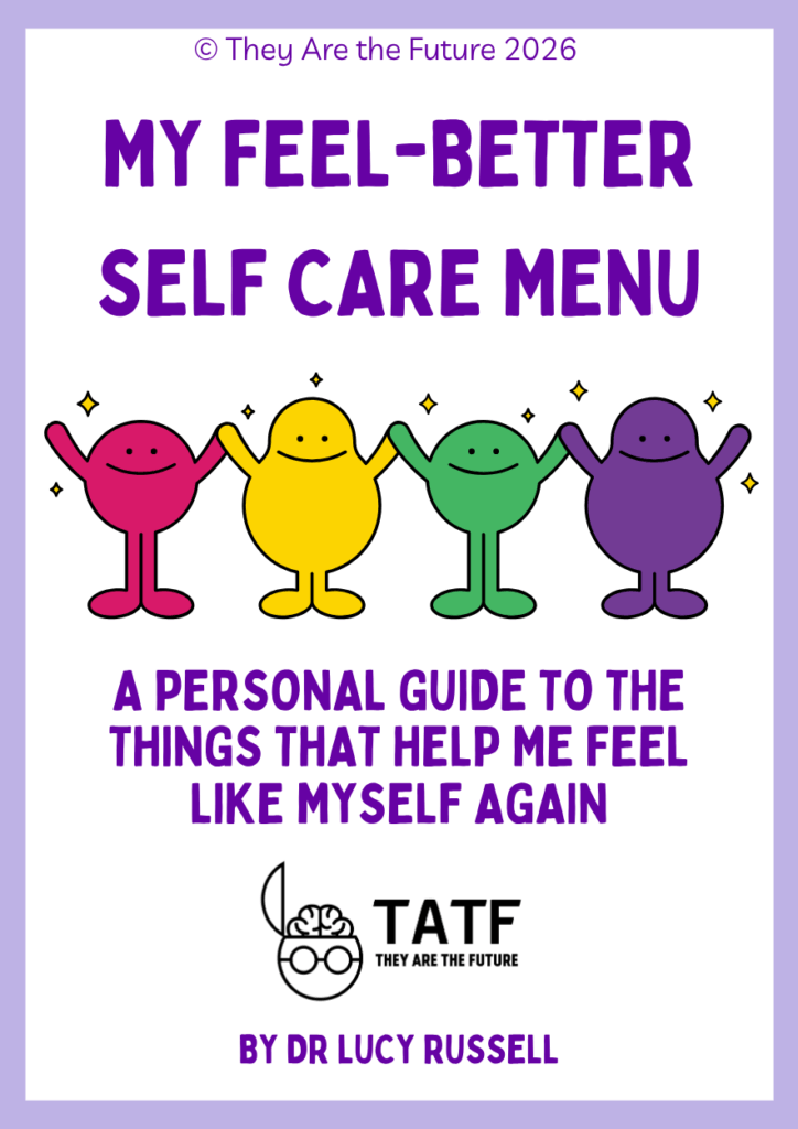 The front cover image of the seven-page Feel Better Self-Care Menu for Kids by Dr. Lucy Russell
