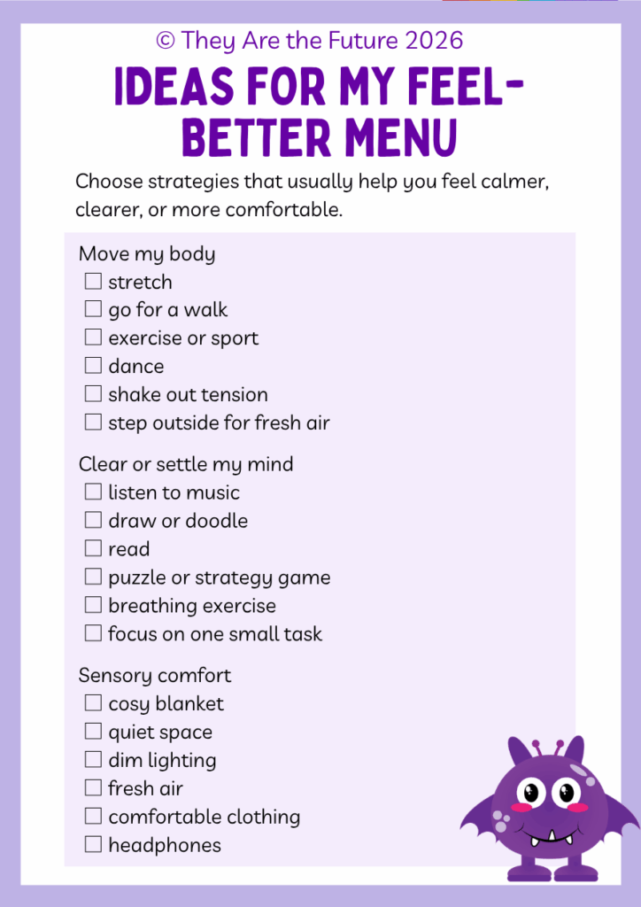 One of the pages from a Self-Care Menu for Kids, Self-Care Planner