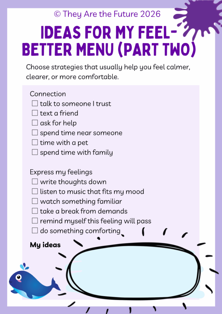 Page five of a seven-page self-care menu for kids featuring a checklist of ideas