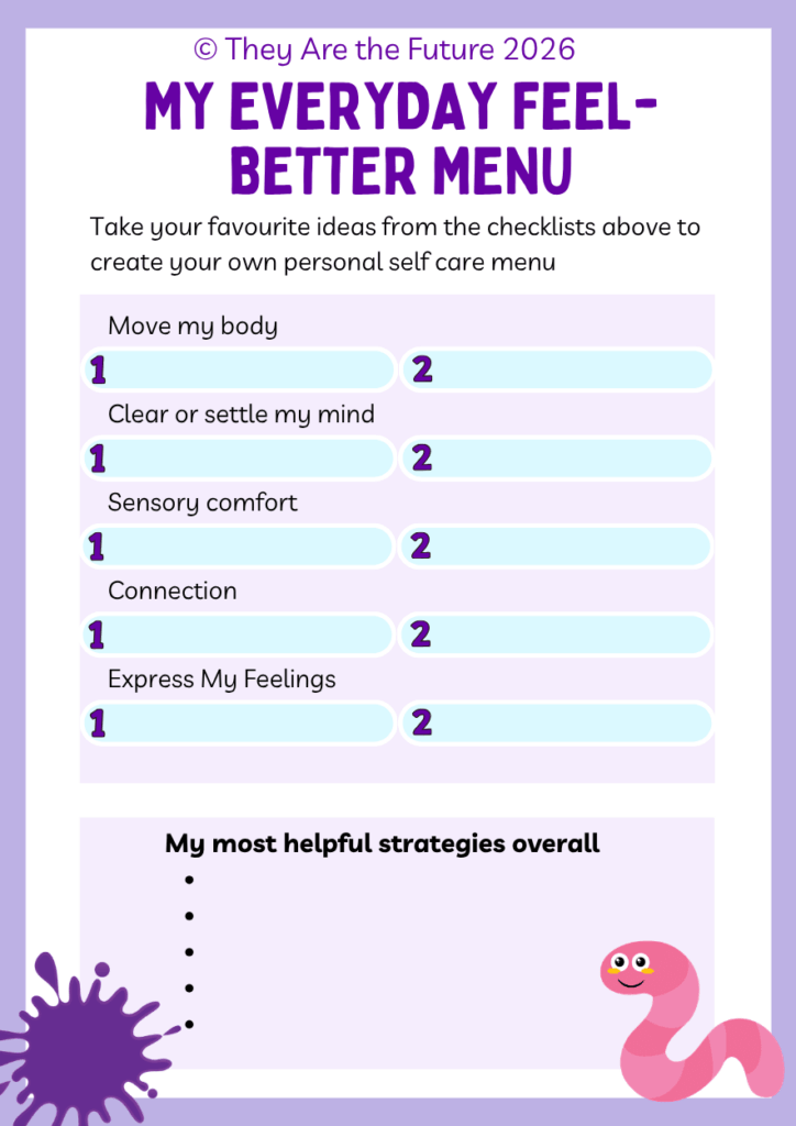 Page six of a self-care menu worksheet set for kids. This is the page where the child personalises their menu.