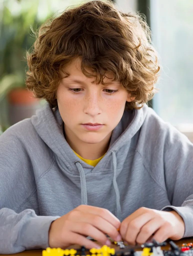 a tween boy hyperfocused on Lego at his kitchen table