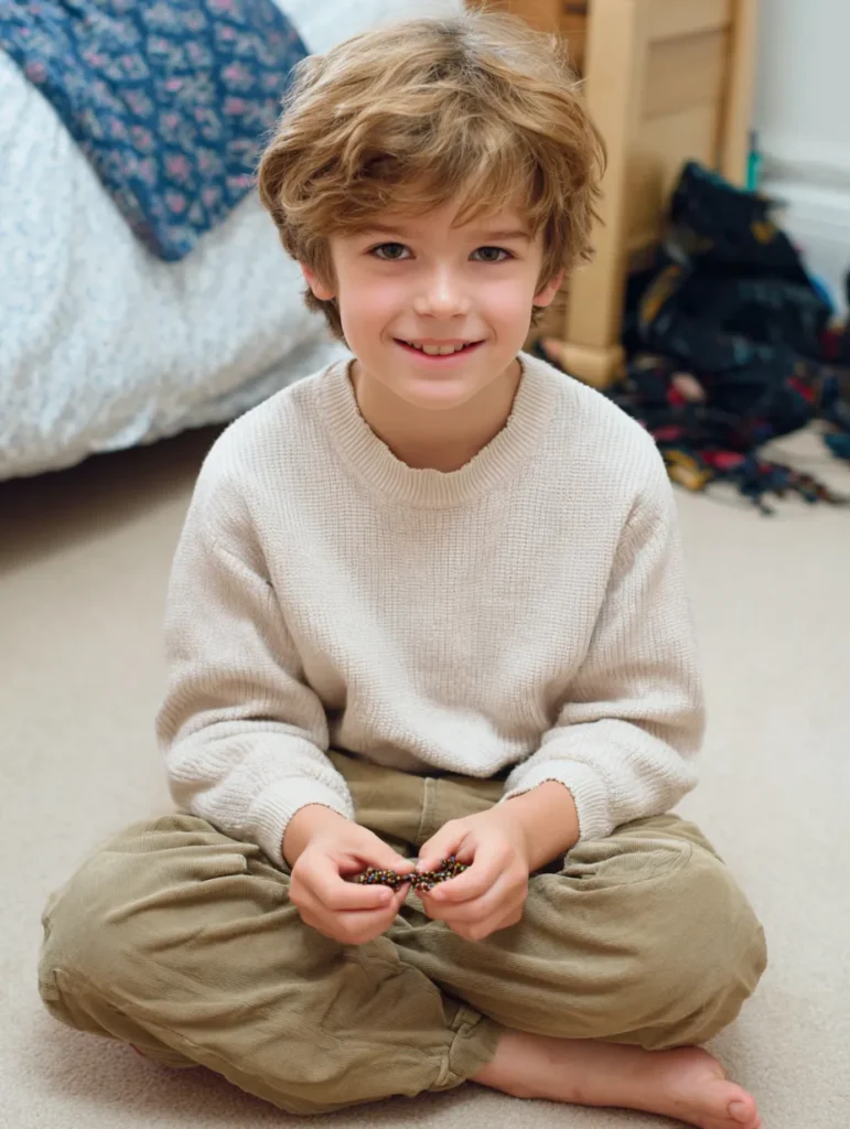 a 7 year old boy sitting on the floor of his room playing with a stimming toy