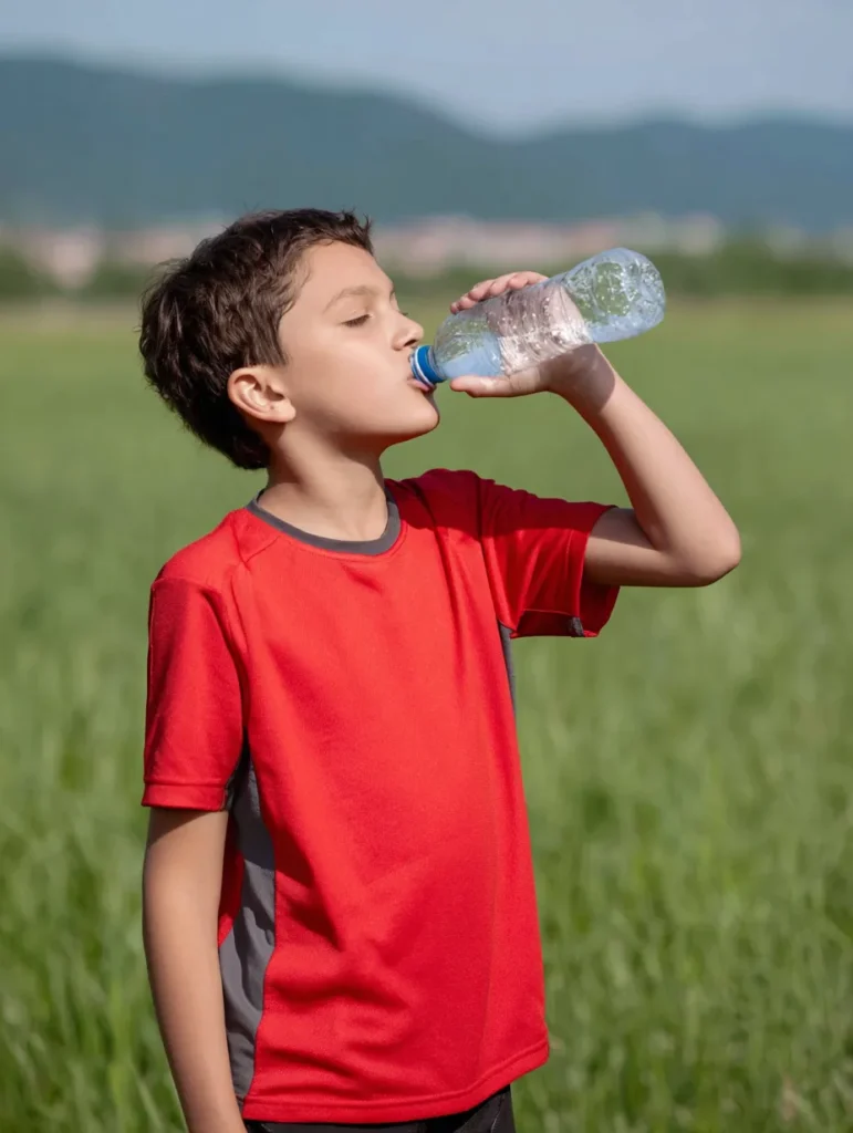 a ten year-old bot wearing a red t-short standing next to a green field drinking from a plastic water bottle.