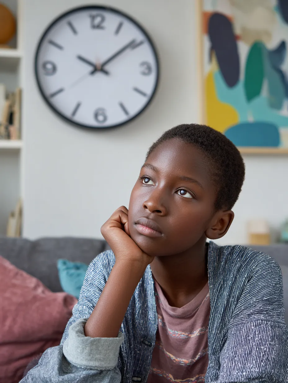 a young woman sits on a sofa, head resting on her hand, with a large clock behind her