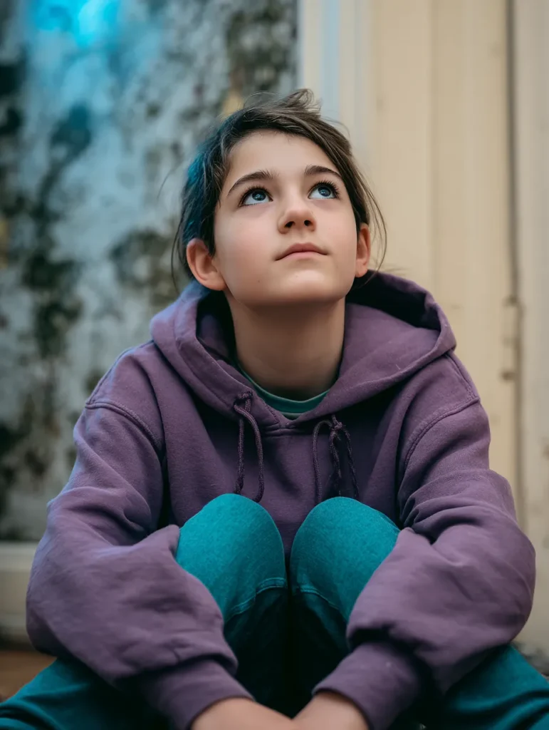 a tween girl wearing a hoodie sits on the floor hugging her knees