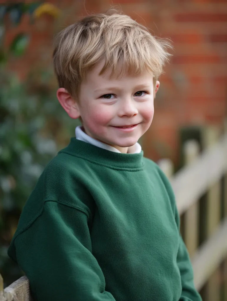 a little boy wearing a school uniform of white polo top and green sweatshirt