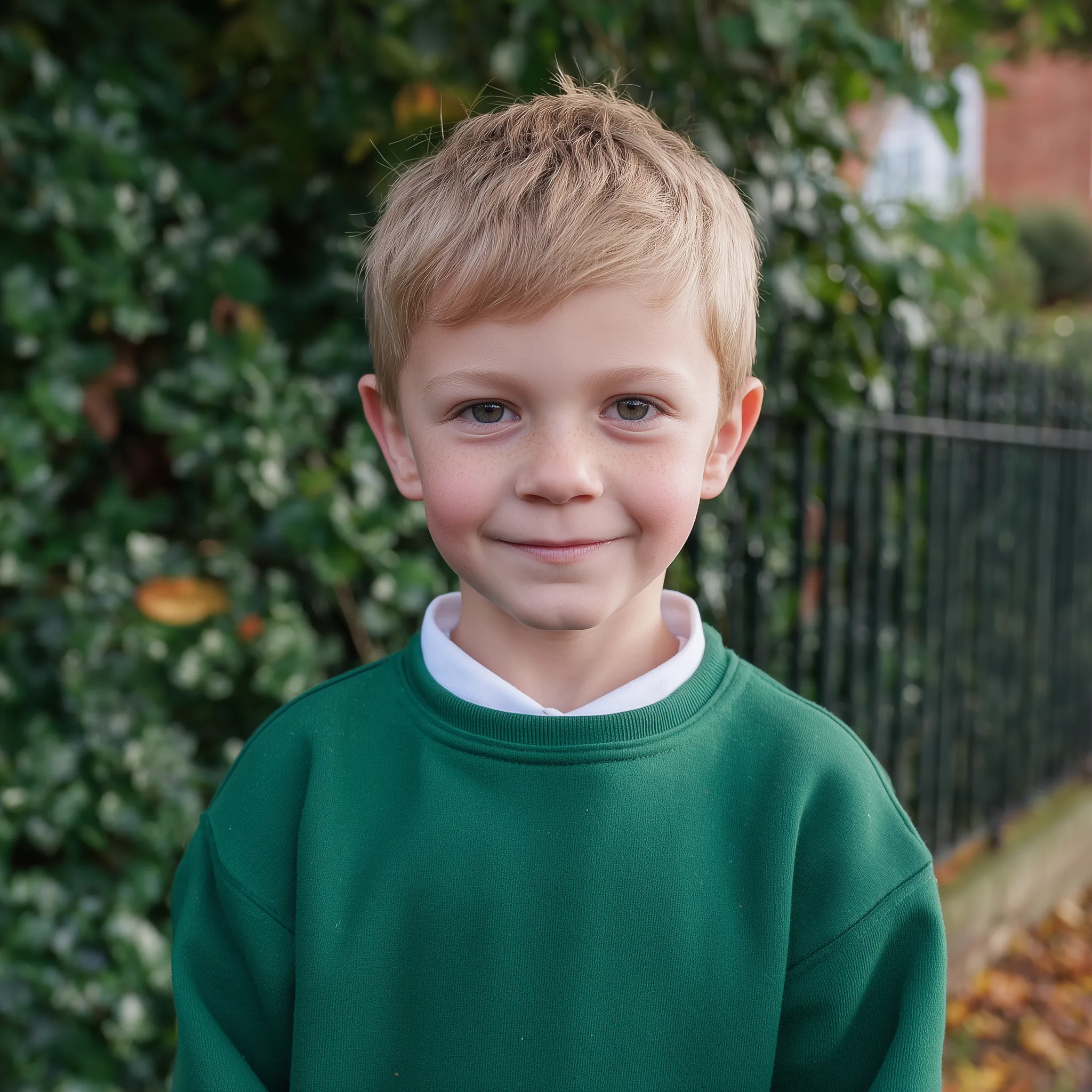 a little boy wearing a green school sweatshirt