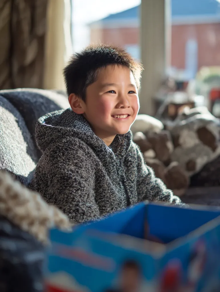 a little boy in his living room smiling