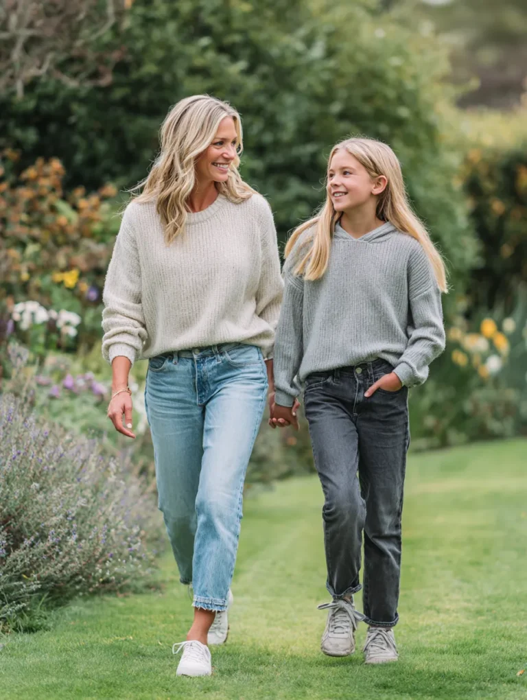 a mother and tween daughter walking together in a beautiful garden