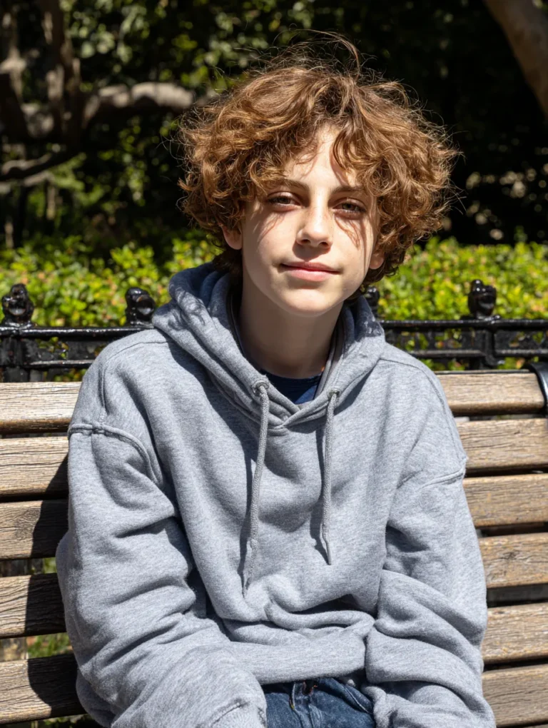 smiling teenage boy sitting on a bench