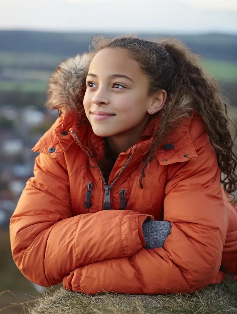 a teenage girl in the countryside, looking out at the view