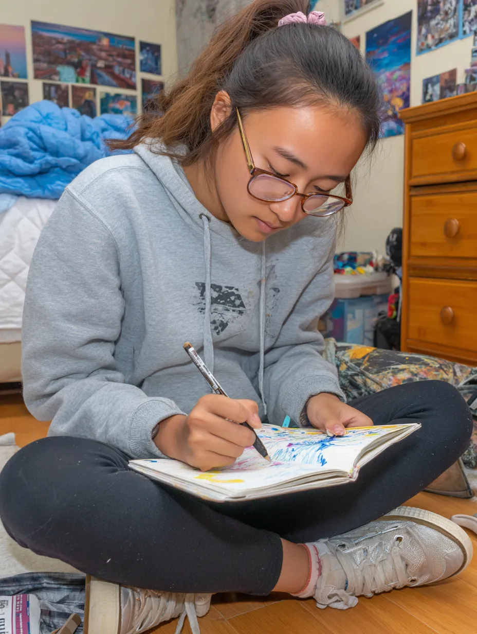 a teenage girl hyperfocused on drawing sitting cross legged on the floor at home