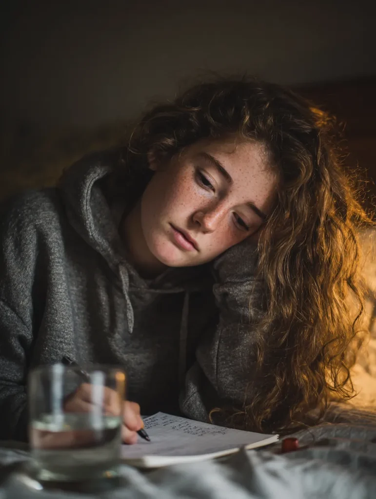 a thoughtful teenage girl journaling