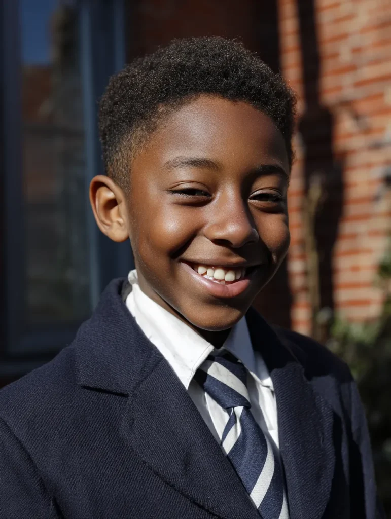 a happy tween boy wearing school uniform