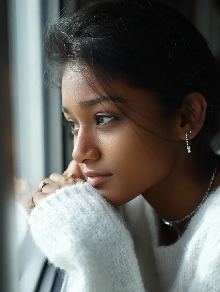 a young woman sitting and reflecting by a window