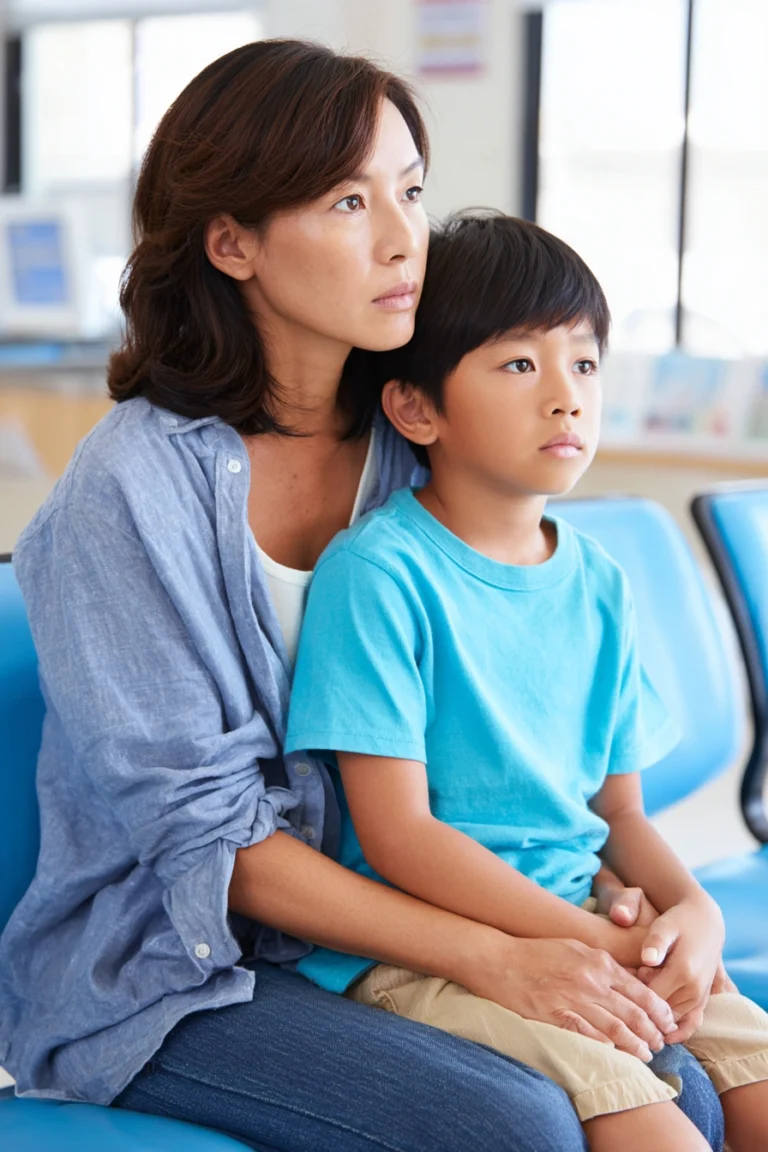 a nine year-old boy and his mother sit in a clinic waiting room