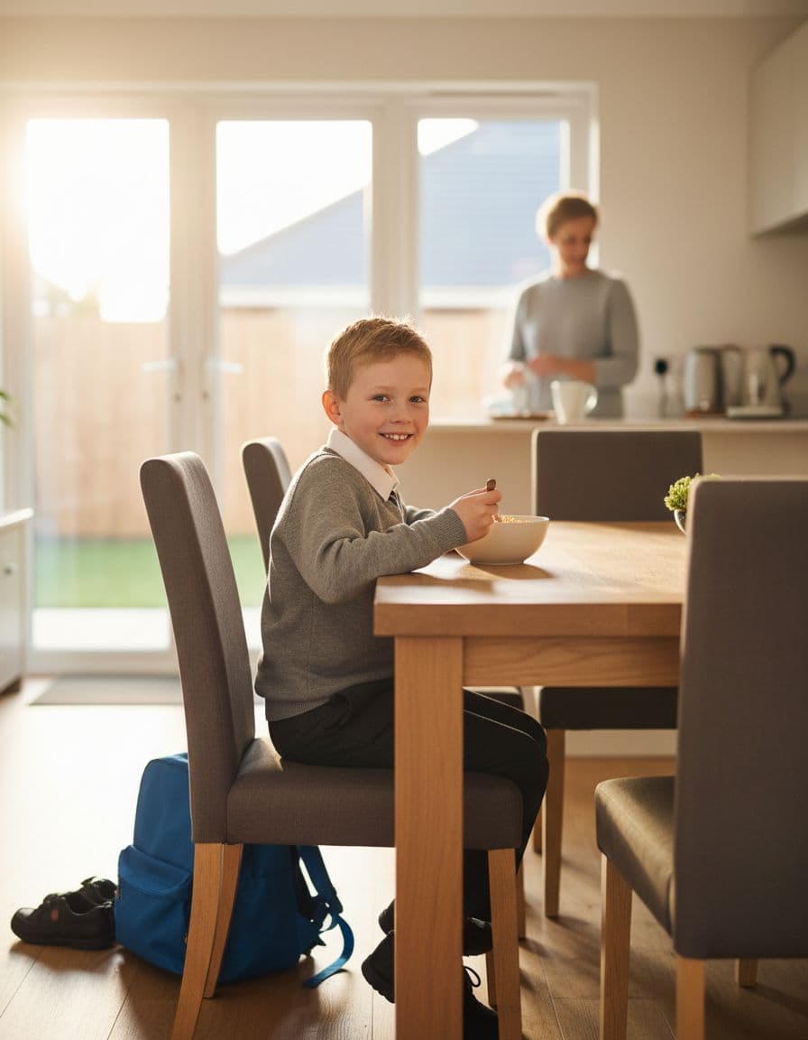 a nine year old bot eating breakfast before school at his kitchen table