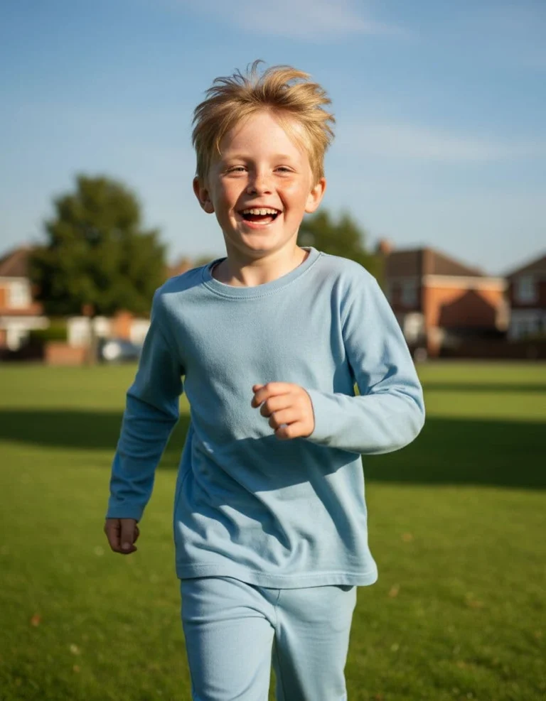 a happy little boy running in a field
