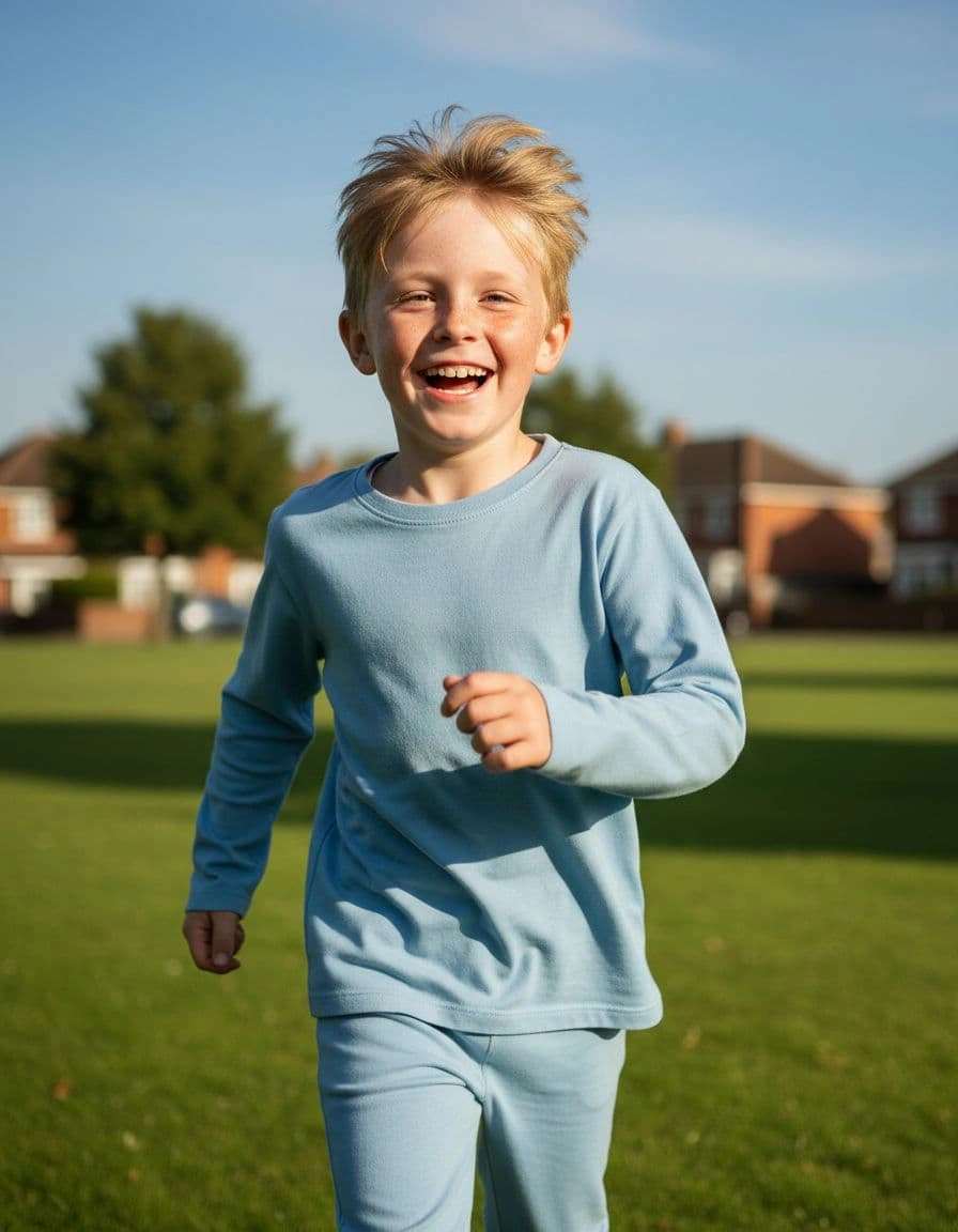 a happy little boy running in a field