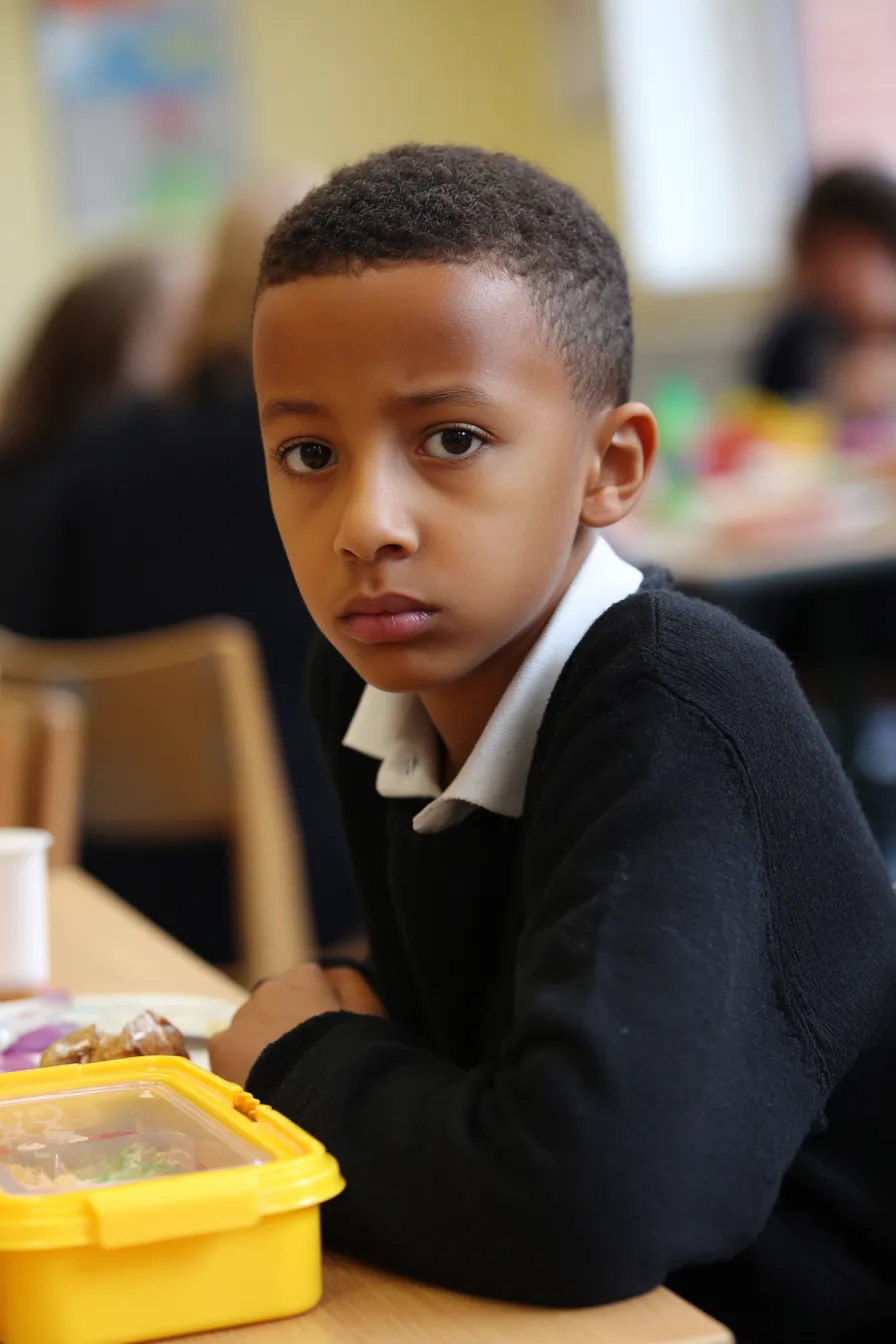 a ten year old boy in a school classroom with his lunch box open in front of him