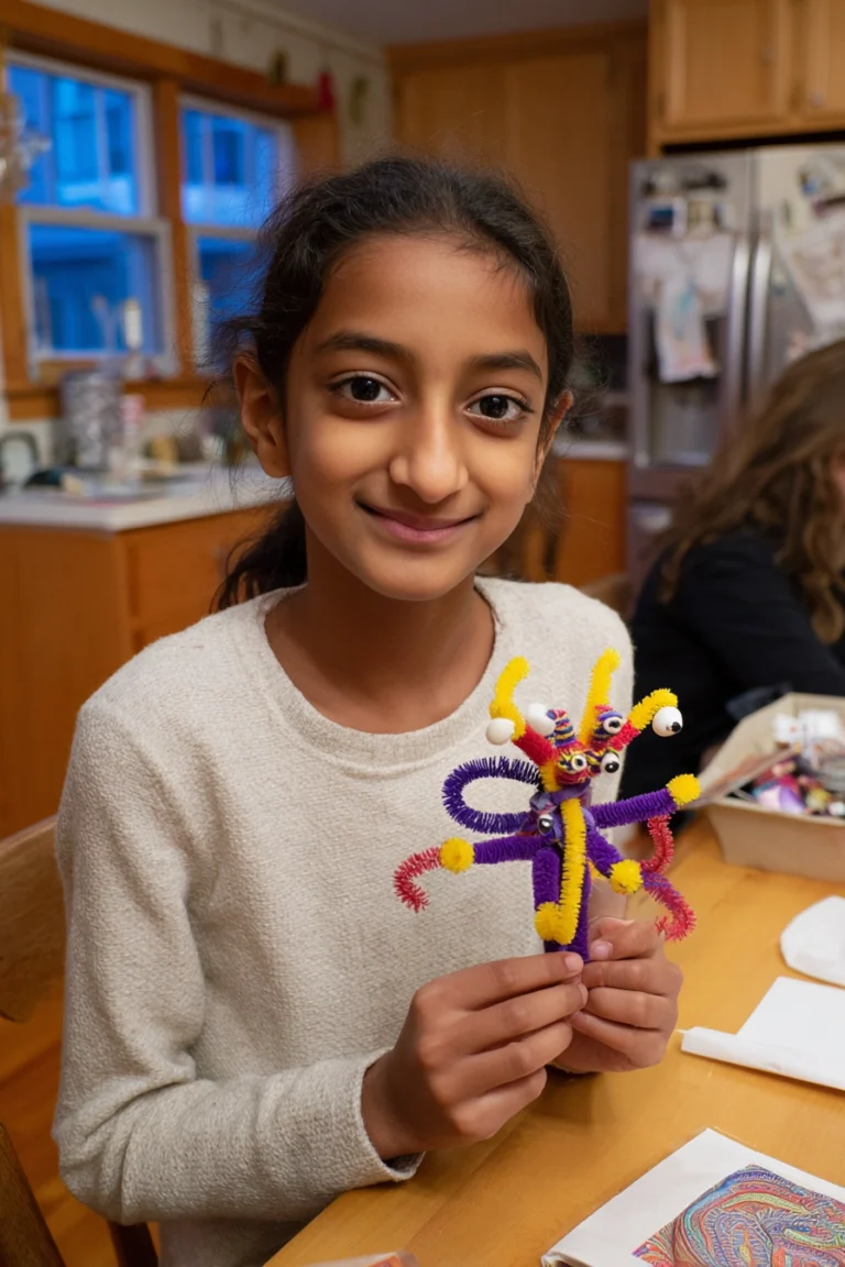 a tween girl holding up a colourful arts and crafts creation
