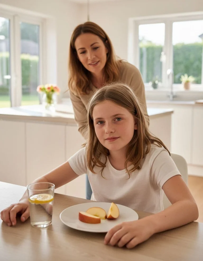 A tween girl eating some pieces of apple and sitting at her kitchen table, with her mother standing behind her.