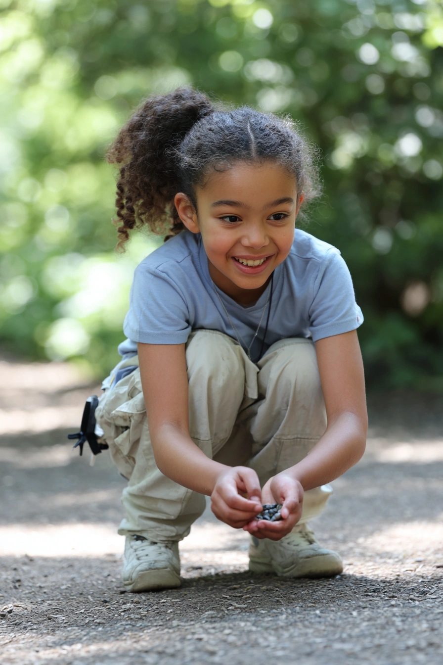 a happy little girl crouching on a path on a nature walk. 