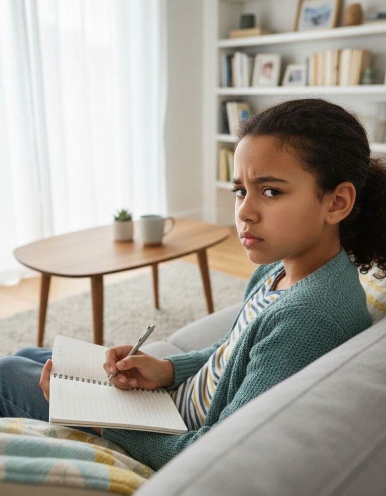 a tween girl with anxiety sitting on a sofa and writing in a notebook