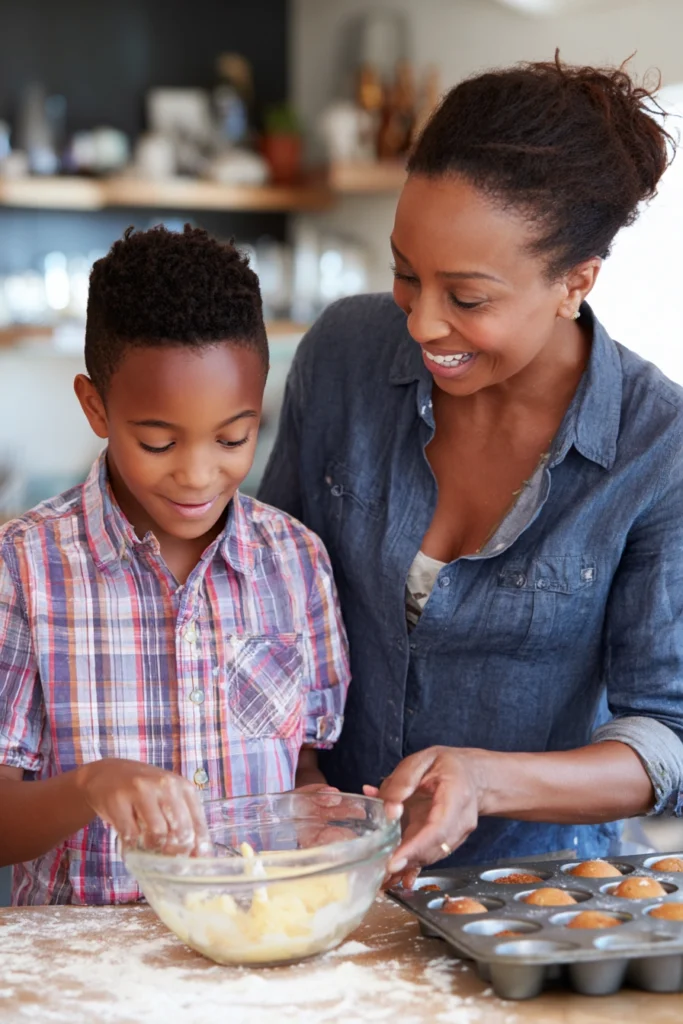 a mum and son baking banana muffins together
