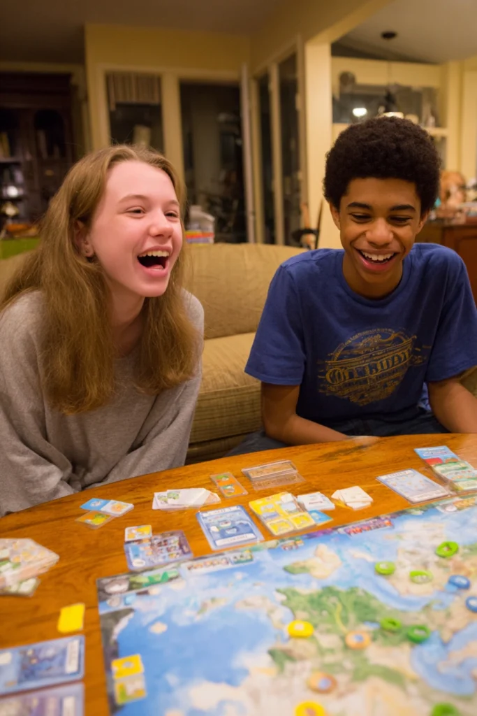 two happy teenagers playing a board game
