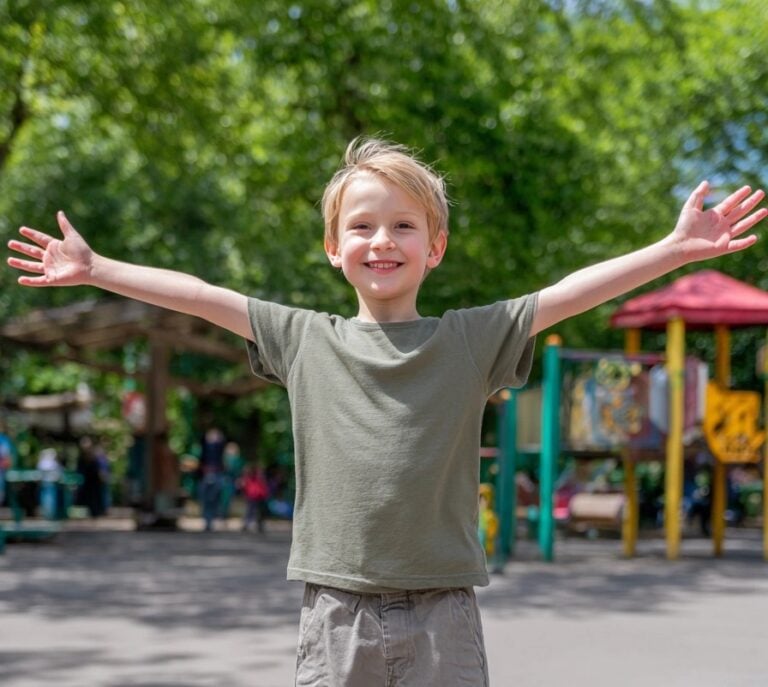 A happy little boy in a playground with his arms outstretched.