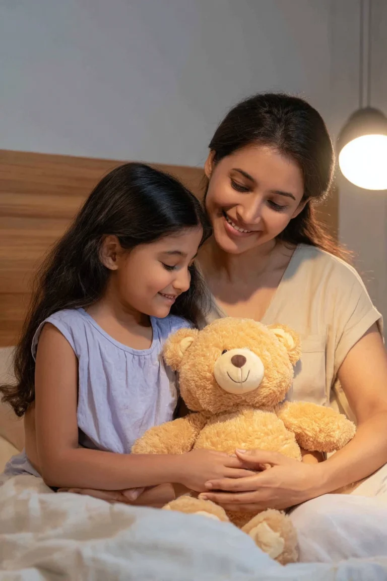 a little girl holding a teddy and getting ready for bed, with her mum next to her