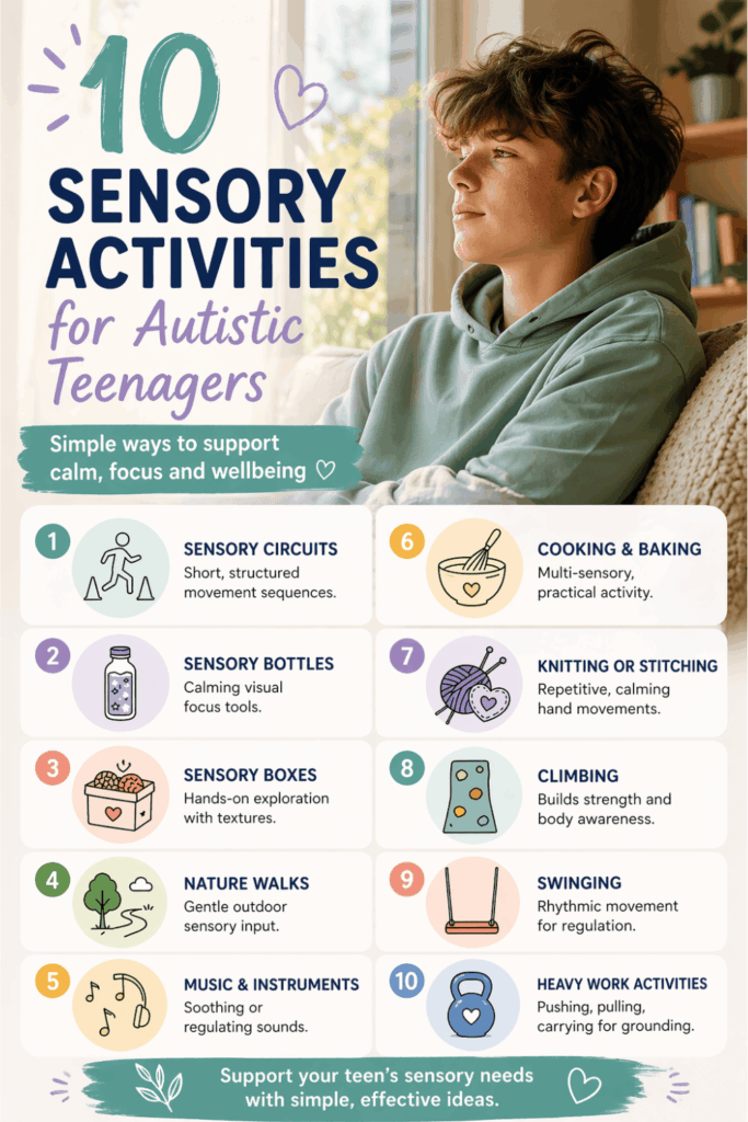 An infographic listing ten soothing and calming sensory activities for autistic teenagers
