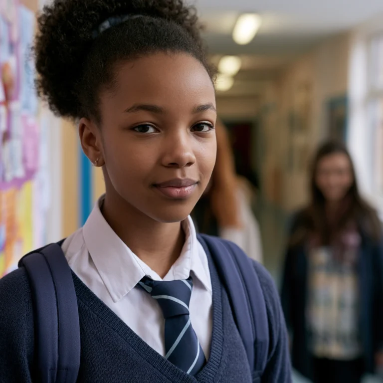 A British thirteen year old school girl in a school corridor